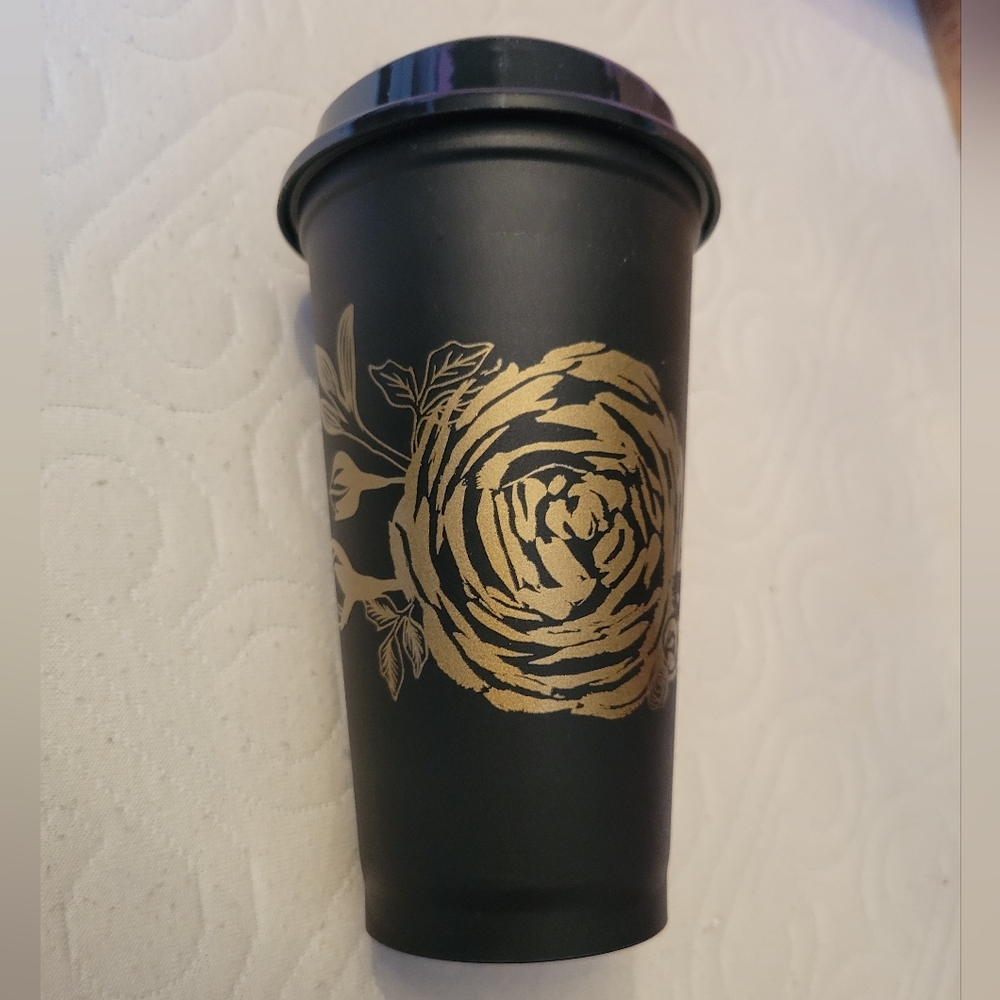 Starbucks Tumbler with Gold Floral Design